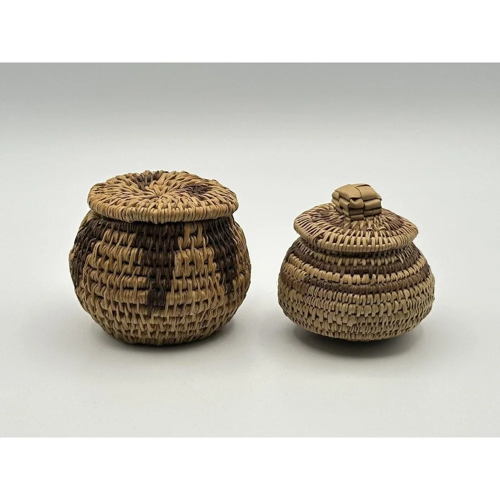 Set of Miniature Hand‑Woven Native American Lidded Baskets—Natural Fiber Baskets